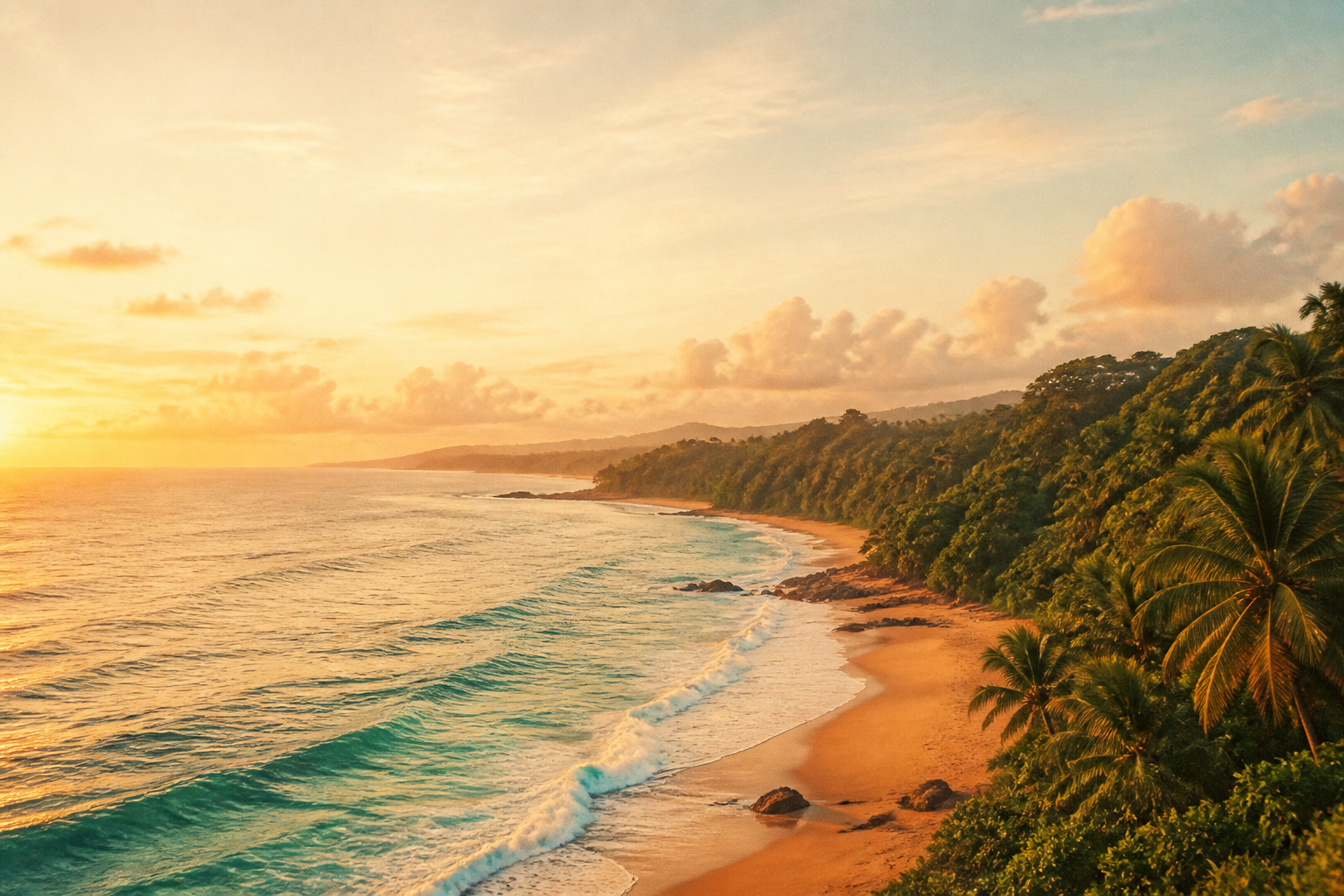 Costa Rica jungle meeting the ocean at golden hour in Santa Teresa